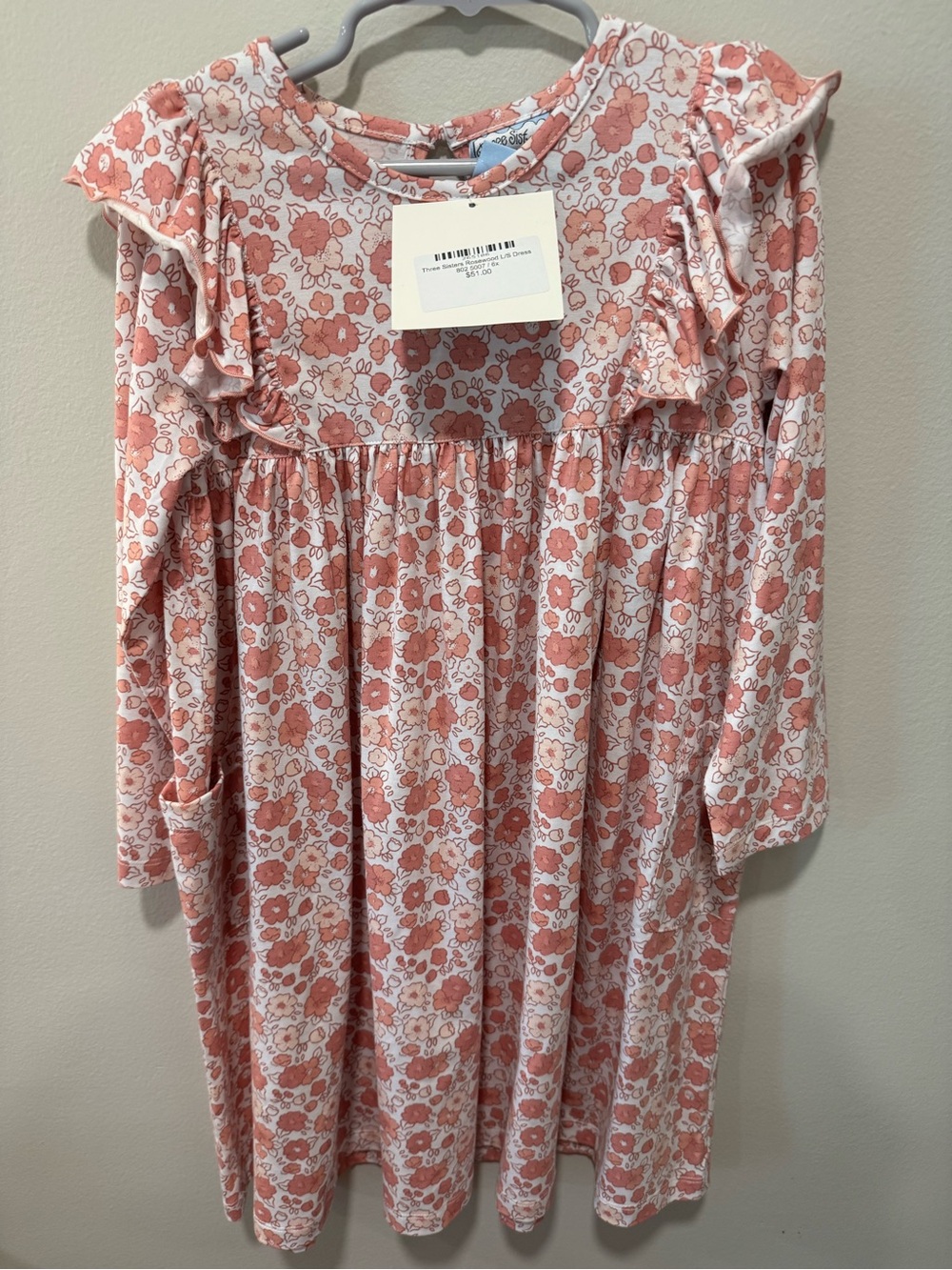 Girls Peach Floral Long-Sleeve Nightgown with Ruffle Shoulders